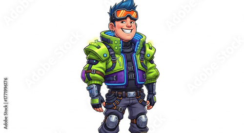 Homem sorridente estilo cyberpunk futurista sobre fundo branco. Ilustração vetorial.