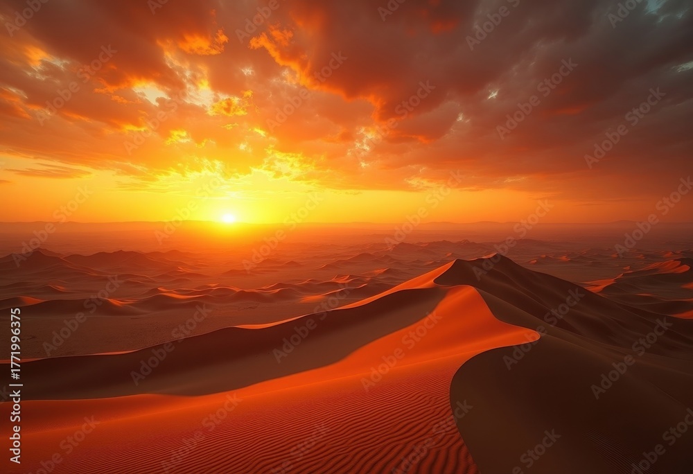 Naklejka premium Stunning Golden Sunset Over Expansive Desert Dunes with Dramatic Shadows and Vibrant Sky