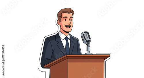 Homem de terno falando no microfone de uma bancada sobre fundo branco.