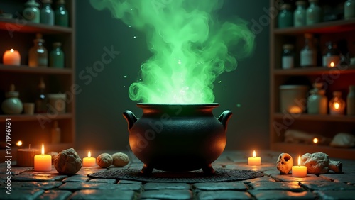 A large clay pot with a green smoke coming out of it.