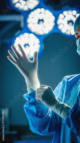 Surgeon putting on sterile glove under operating lights