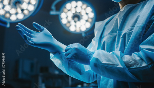 Surgeon putting on surgical glove in operating room