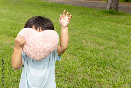 ハートのクッションを持って草原に立つ男の子（2歳、日本人、顔無し）
