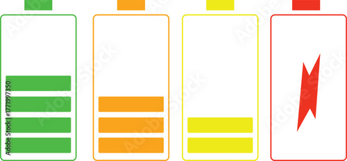 Battery charge level indicators vector illustration showing different power levels isolated on white background