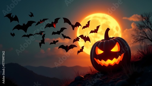 A jack-o-lantern sitting on the ground in front of a sunset.