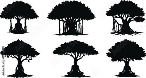 Banyan tree silhouette, meditation under tree, sacred nature illustration, yoga design vector, ancient tree roots, spiritual growth art, peaceful outdoor landscape