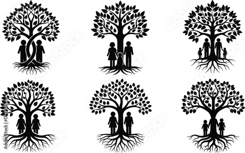 Black silhouette family tree illustration with roots, parents and children under branches, symbol of genealogy, heritage, ancestry, connection, growth, unity design.