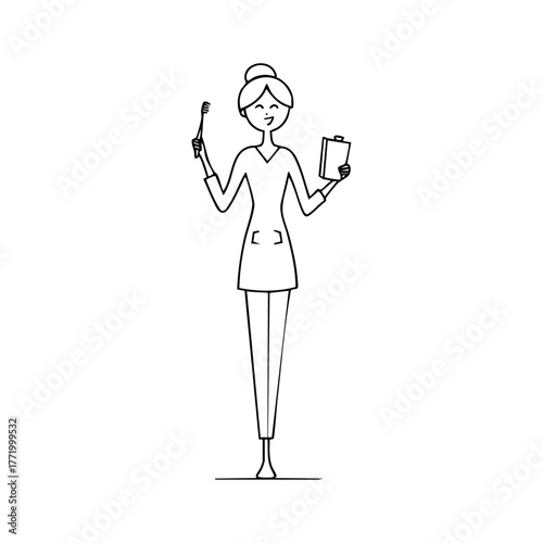 Female dental hygienist smiling while holding a toothbrush and clipboard, representing dental care and oral health education.