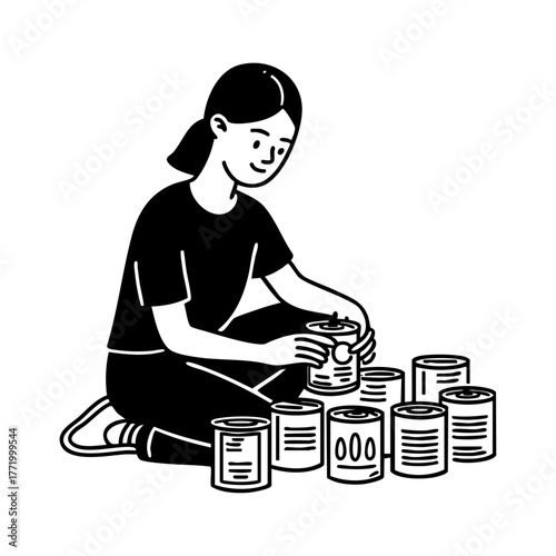 Young volunteer organizing canned food donations at a food bank, representing charity, social work, and community support.