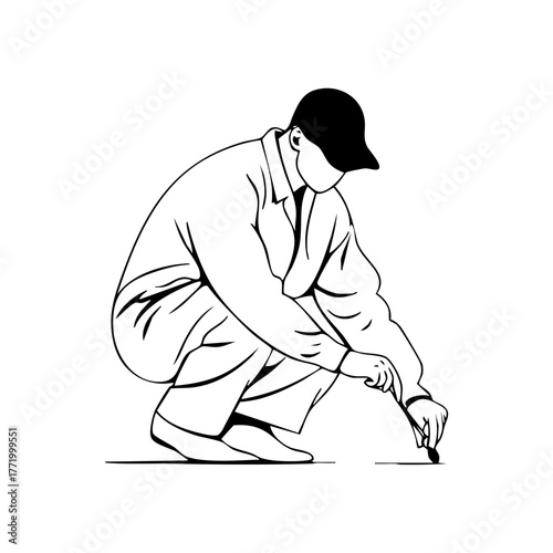 Man crouching while inspecting a crime scene, representing forensic investigation and evidence collection in criminology.