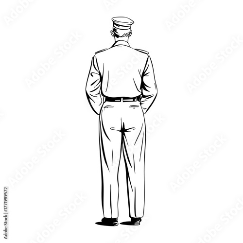 Rear view of a museum guard standing watch, symbolizing vigilance, duty, and discipline in a cultural institution.