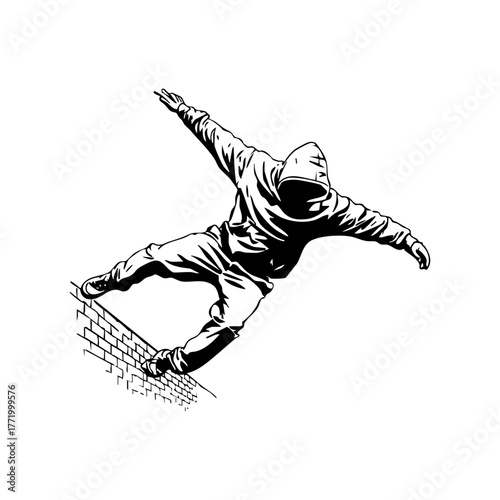 Young man performing a dynamic parkour vault over a brick wall, representing urban athleticism, strength, and street movement culture.