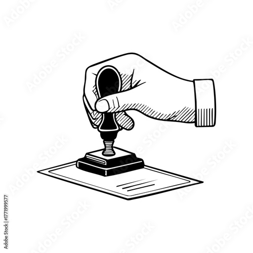 Hand pressing a stamp on a document, representing official approval, certification, or legal validation.