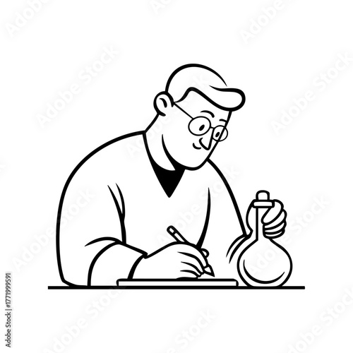 Chemist writing laboratory notes while holding a flask, depicting scientific research, discovery, and innovation in modern science.