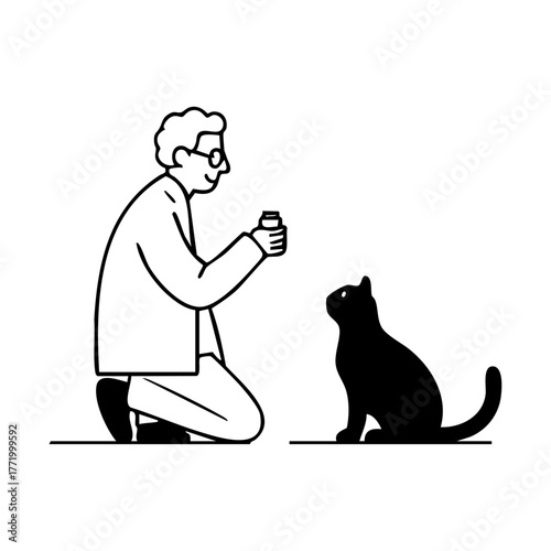 Animal behaviorist training and rewarding a cat with treats, representing positive reinforcement, animal psychology, and pet training care.