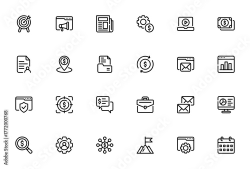 Marketing icon set. Business vector collection. Incldes symbols for target, nespaper, video, money, emai, statistics, chat, pie chrt, calendar and more. Ediable stroke.