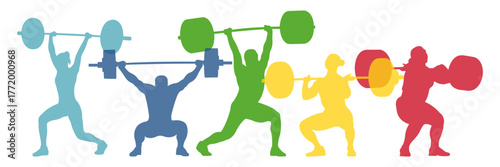 Weightlifting. Silhouettes of athletes lifting weights. Horizontal banner for sports schools. Vector illustration.