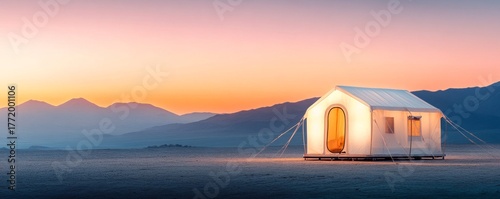Luminous Tent at Sunset, Desert Mountains Backdrop, Camping ,Glamping