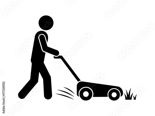 Stickman mowing lawn with grass cutter.