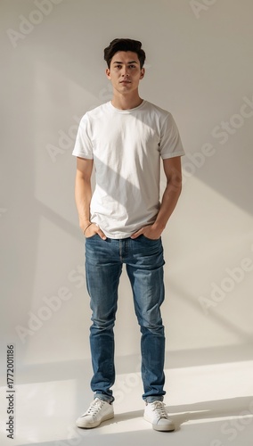 Casual young man wearing white t-shirt and jeans standing in natural light. Generative AI