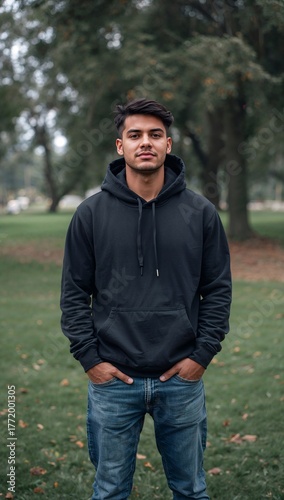 Relaxed young male model in gray sweatshirt posing in nature, minimalist lifestyle look. Generative AI
