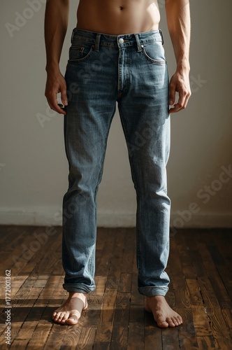 Barefoot man wearing jeans standing on wooden floor, natural light. Generative AI