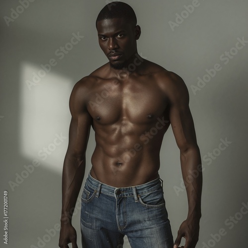 Athletic shirtless man in jeans, cinematic lighting. Generative AI