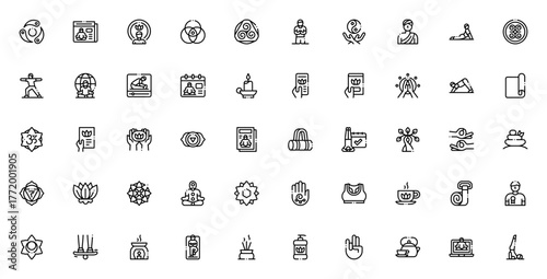 International Day of Yoga icon set. Vector illustraton pack. Features symbols or meditation, chakras, welness, ayurveda, guru, namste, om, mandala and more.Editable stroke.