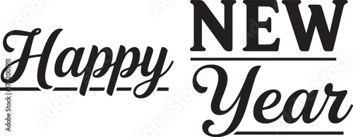 A classic "Happy New Year" typography design in a bold black and white vector style, combining elegant script and strong sans-serif fonts with subtle underlines.