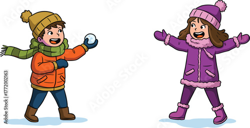 Cartoon boy and girl playing snowball fight, happy kids in winter clothes, outdoor fun, cold weather activity, cheerful children illustration.