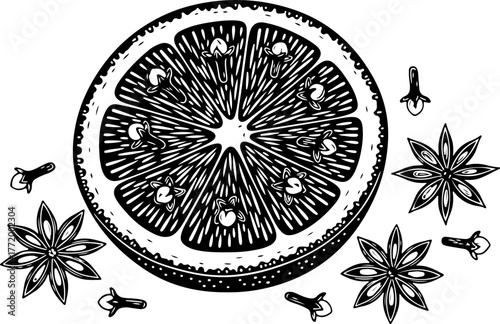 A black and white woodcut style illustration of a sliced orange surrounded by star anise and cloves.