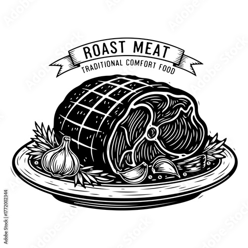A hand-drawn illustration of a large roast meat joint on a platter, garnished with garlic and herbs in a vintage woodcut style.