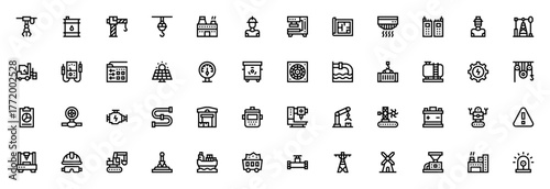 Industrial Process icon set. Vector illustration. Inludes symbols for factory,robot, machinery, energy, ipeline, worker, safety an more. Editable stroke.