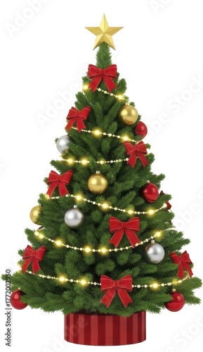 Festive Christmas Tree Decorations Gold Star Red Bows Ornaments Lights Transparent PNG