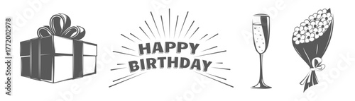 Birthday icon set wrapped gift, fireworks burst, champagne glass, and flower bouquet for festive celebration and decoration. Birthday symbols isolated on white background. Vector illustration