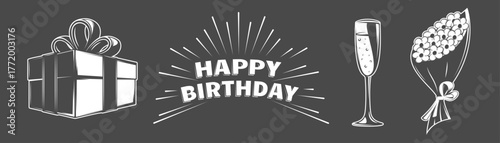 Birthday icon set wrapped gift, fireworks burst, champagne glass, and flower bouquet for festive celebration and decoration. Birthday symbols isolated on black background. Vector illustration