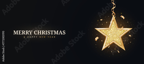 Christmas golden star with confetti and glitter isolated on a black background. Glowing realistic 3D star. Golden luxury Christmas background. Vector illustration