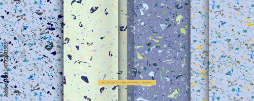 Set seamless terrazzo patterns. Pattern for ceramics marble natural stone. Vector stock illustration textured shapes in vibrant colors