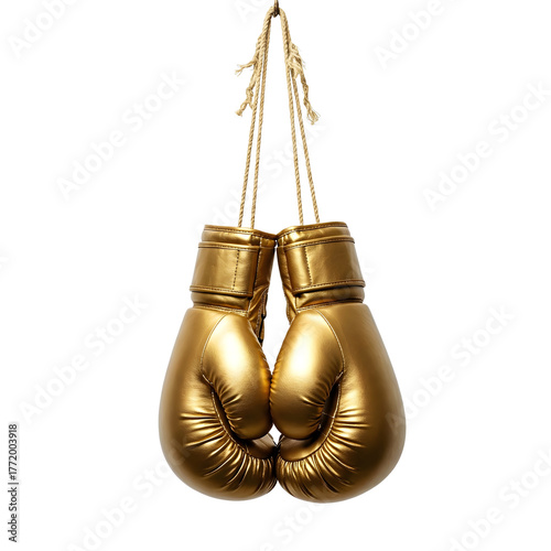 Two golden boxing gloves hanging from a string against a transparent background. The gloves are shiny and well-defined, showcasing their shape and texture.