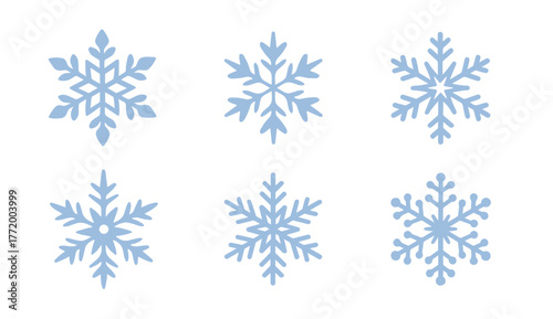 Blue snowflakes isolated on white background. Snowflake icons set. Decorative winter weather graphic elements, clipart objects. Simple vector illustrations. Frost, Christmas snow decor concept. 