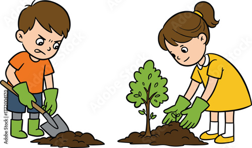Cartoon children planting tree together, teamwork in gardening activity, eco friendly lifestyle, environmental care, outdoor learning, green nature, sustainability, healthy environment.