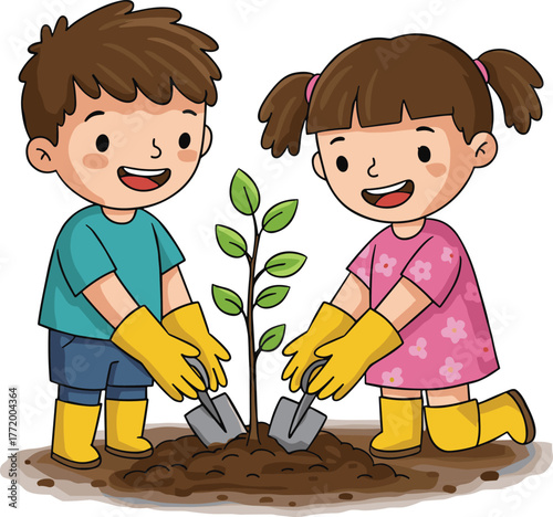Cartoon children planting young tree, gardening activity, teamwork, eco friendly lifestyle, nature care, sustainability, outdoor learning, soil cultivation, green environment, growth.
