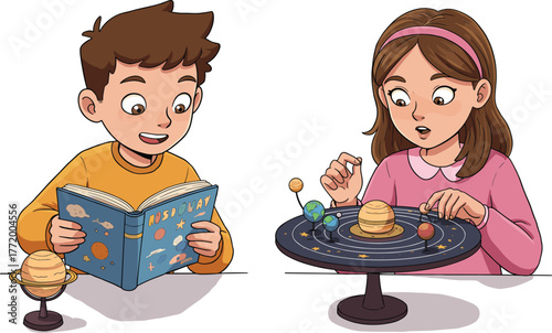 Cartoon children studying solar system model, astronomy education, science learning activity, planets exploration, space knowledge, school project, fun educational illustration.