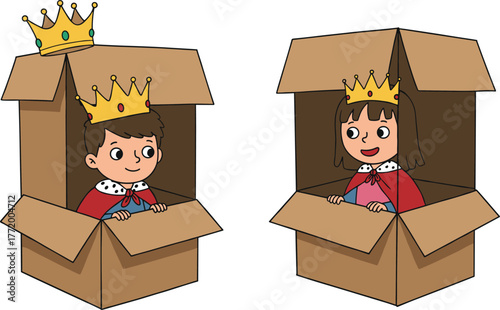 Cartoon children wearing golden crowns, pretending to be king and queen, playing inside cardboard boxes, imagination, creativity, childhood fantasy role play.