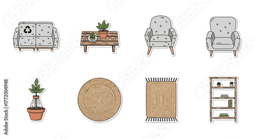 eco friendly furniture curated living room set with a recycled sofa natural rugs and plants for sustainable home decor and interior design projects