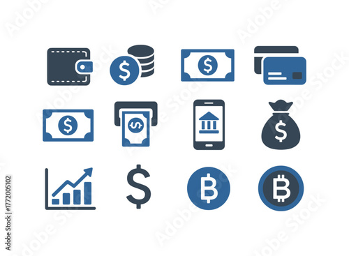 Modern financial icons set for digital wallets and cryptocurrency