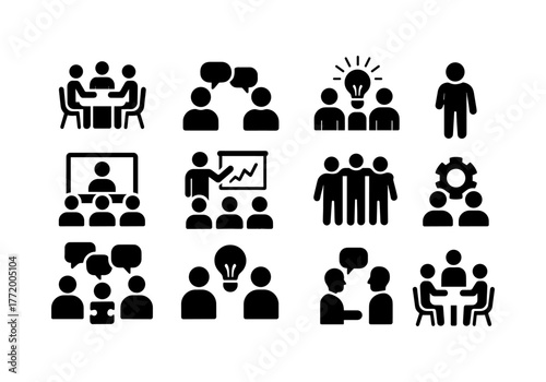 Business meeting and teamwork icons: collaborative silhouette designs for effective communication
