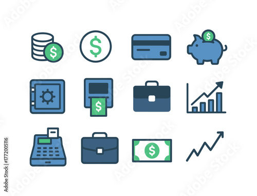 Finance and business icons set featuring money, savings, and growth symbols
