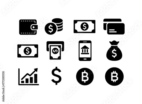 Financial icons set: wallets, currency, and digital money symbols in minimalistic style