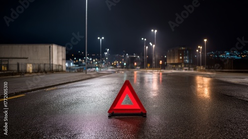 Reflective wet road at night with illuminated red warning triangle, distant headlights, streetlights, urban background, and empty street conveying caution and nighttime atmosphere